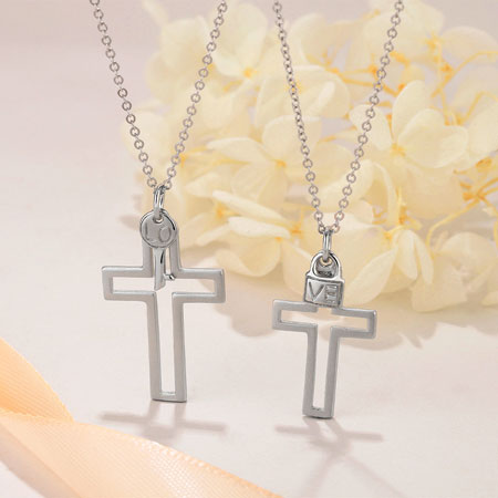 Love Key Lock Cross Couple Necklace in Sterling Silver